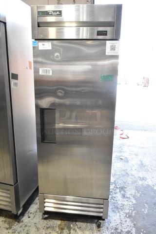 2022 True T-19F-HC stainless steel commercial single door reach-in freezer with poly-coated racks and commercial casters.