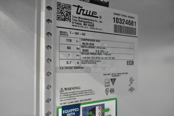 2022 True T-19F-HC stainless steel commercial freezer, single door, poly coated racks, on casters, 115V, 1 phase.
