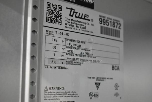 True T-35-HC commercial cooler label. Shows model, 115V, refrigerant type R290, compressor details, and safety warnings.