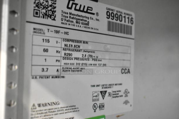 2020 True T-19F-HC stainless steel commercial freezer label detailing voltage, model, refrigerant, and certifications.
