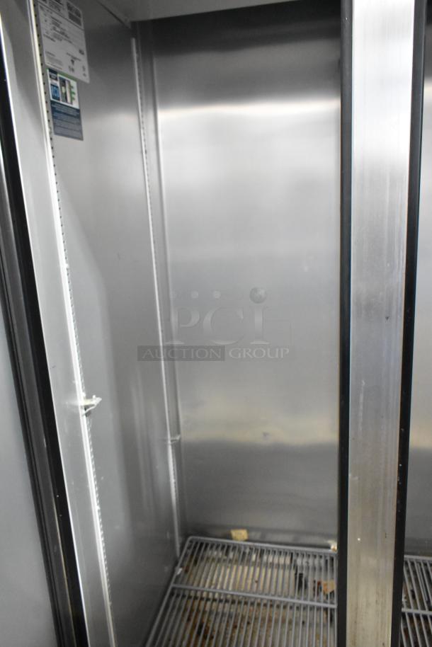 2020 True T-35-HC stainless steel commercial cooler, two-door, with poly coated racks, 115V, model label visible.