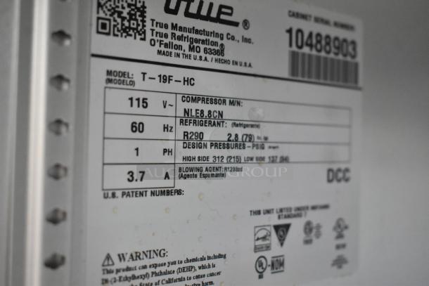 2023 True T-19F-HC commercial freezer tag, 115V, R290 refrigerant, made in USA, poly coated racks, single door.