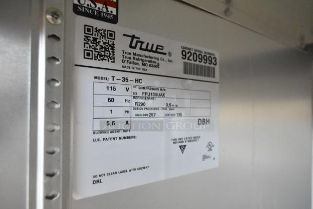 2017 True T-35-HC stainless steel commercial cooler label, showing model, voltage, and refrigerant details.