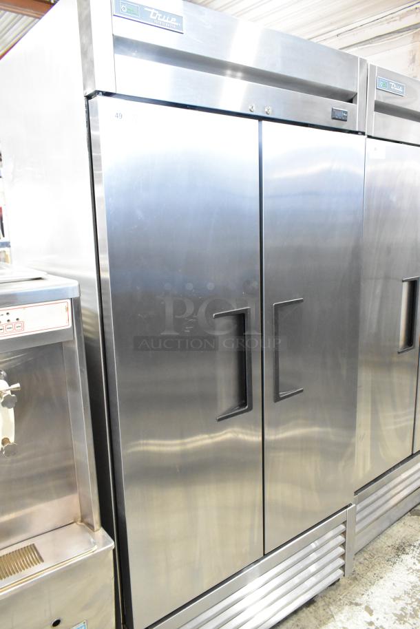 2018 True T-35-HC stainless steel commercial 2-door reach-in cooler, poly-coated racks, 115 volts, 1 phase, lightly used.