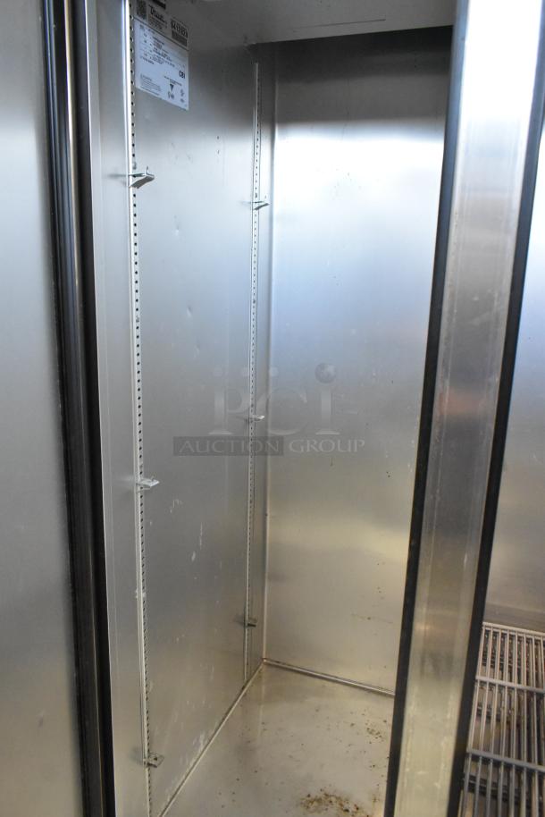 2018 True T-35-HC stainless steel commercial 2-door reach-in cooler, poly-coated racks, visible label, 115V, 1 phase.