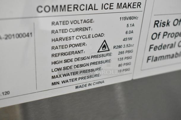 "Avantco 194UC160FA sticker detailing specs: 115V, 451W, R290 refrigerant, made in China. Label on stainless steel surface."