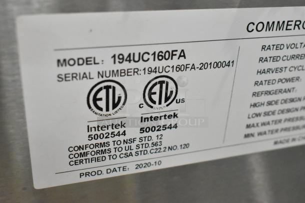Alt text: Label of Avantco 194UC160FA ice machine showing model, serial number, ETL certification, and production date.