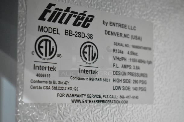 Entree BB-2SD-38 commercial cooler label, ETL certified, NSF/ANSI STD 7 compliant, 115V, 1 Phase. Model details visible.