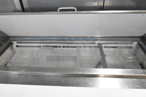 Entree S48 Stainless Steel Prep Table with Mega Top, for salads and sandwiches. Features multiple compartments, 115V, 1 Phase.