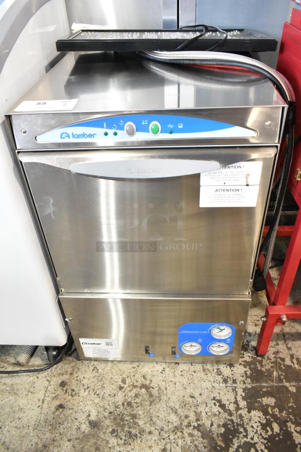 2023 Iamber DSP3 stainless steel commercial undercounter dishwasher, 208-240V, 1 phase, with control labels and condition markings.