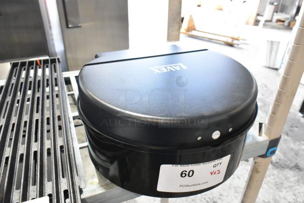 Lavex black poly item, circular design, marked with "Lavex" logo. Auction label indicates 2 items, item number 60.