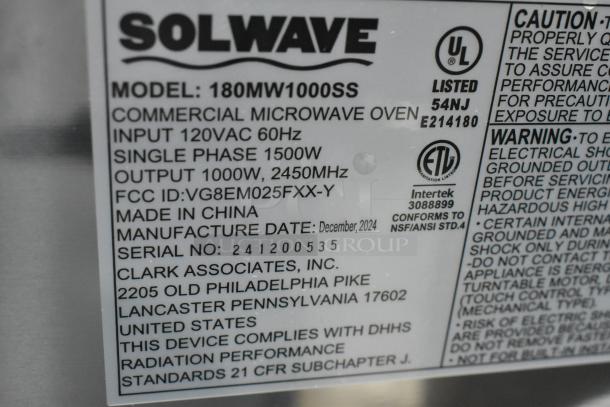 2024 Solwave 180MW1000SS commercial microwave, stainless steel, push button controls, 120V, 1000W output, ETL certified.