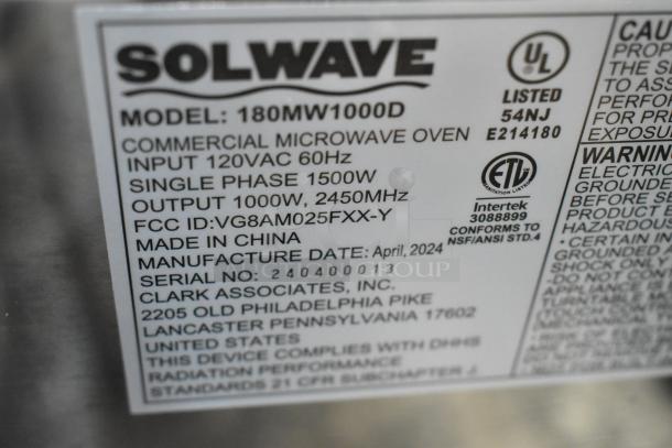 2024 Solwave 180MW1000D stainless steel commercial microwave, 120V, 1 phase, 1000W. Manufacture date: April 2024.