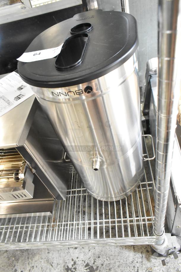 Brand new Bunn TDO-4 4-gallon iced tea dispenser with brew-through lid, stainless steel, minor scratches and dents.