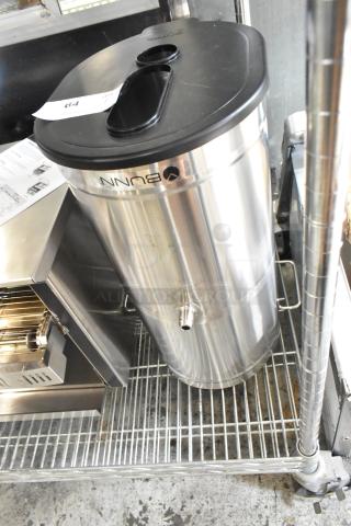 Brand new Bunn TDO-4 4-gallon iced tea dispenser with brew-through lid, stainless steel, minor scratches and dents.