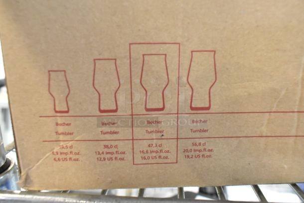 Box showing diagram of beer glass sizes. "Becher Tumbler" label with 47.3 cl, 16.6 Imp. fl. oz., 16.0 US fl. oz.