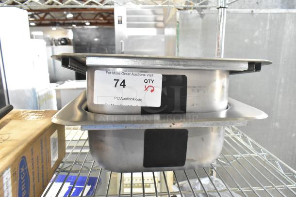Brand new stainless steel single bay drop-in sink, scratch and dent, with label "74, QTY x2" from PCIAuctions.com.