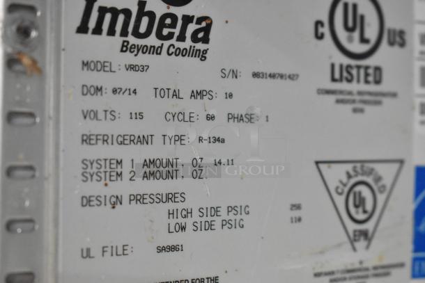 Close-up of Imbera VRD37 cooler label showing model info, 115V, refrigerant type R-134a, and UL certification marks.