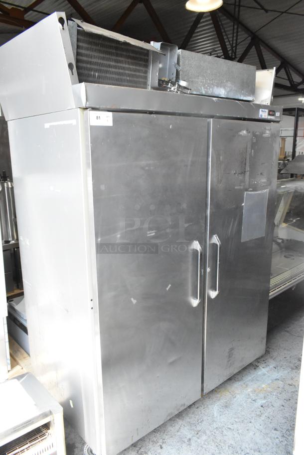 Hobart stainless steel commercial 2 door reach-in cooler, 115 volts, 1 phase. Some surface wear visible.