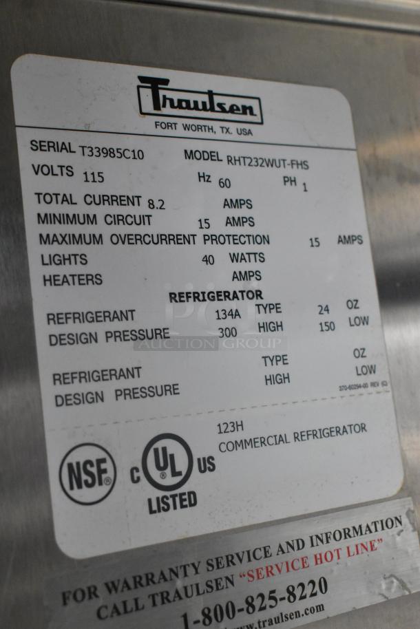 Traulsen commercial 2-door cooler model RHT232WUT-FHS. Stainless steel, 115V, 1 phase, on casters. NSF and UL listed.