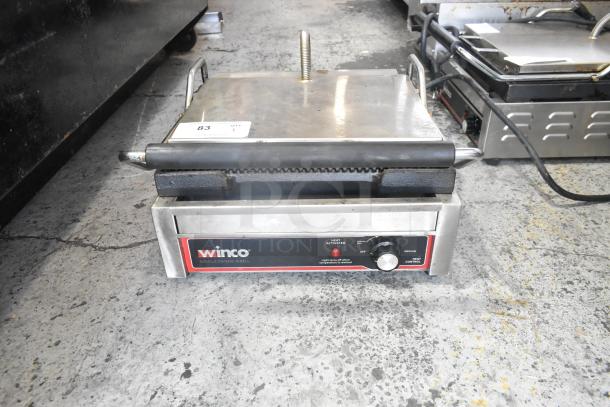 Winco EPG-1C stainless steel panini press, commercial countertop model, 120 volts, 1 phase, used condition.
