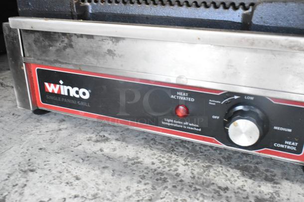 Winco EPG-1C Stainless Steel Panini Press, commercial countertop model, features heat control dial and indicator light.