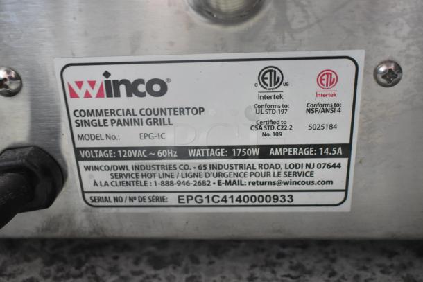 Winco EPG-1C Panini Press label showing model, voltage, wattage, and certification details.