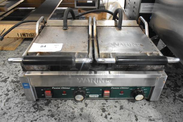 2020 Waring WPG300 Stainless Steel Double Panini Press, commercial use, 240V, 1 Phase, visible wear, NSF certified.