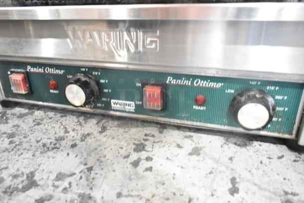 Waring WPG300 stainless steel double panini press with controls, used, 240V, 1 phase, model name visible.