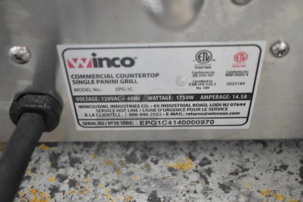 Winco EPG-1C Stainless Steel Panini Press label; voltage 120V, wattage 1750W, amperage 14.5A, serial EPG1C4140000970.