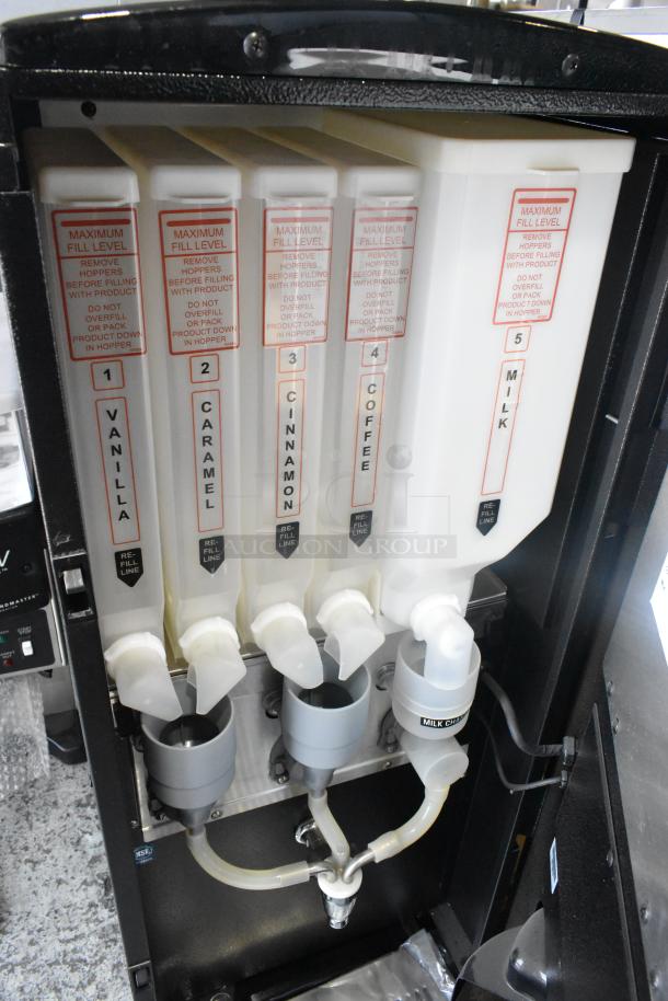 Cecilware GB5MFITLD beverage dispenser, 5 clear hoppers labeled for vanilla, caramel, cinnamon, coffee, milk. 120V, 1 phase.