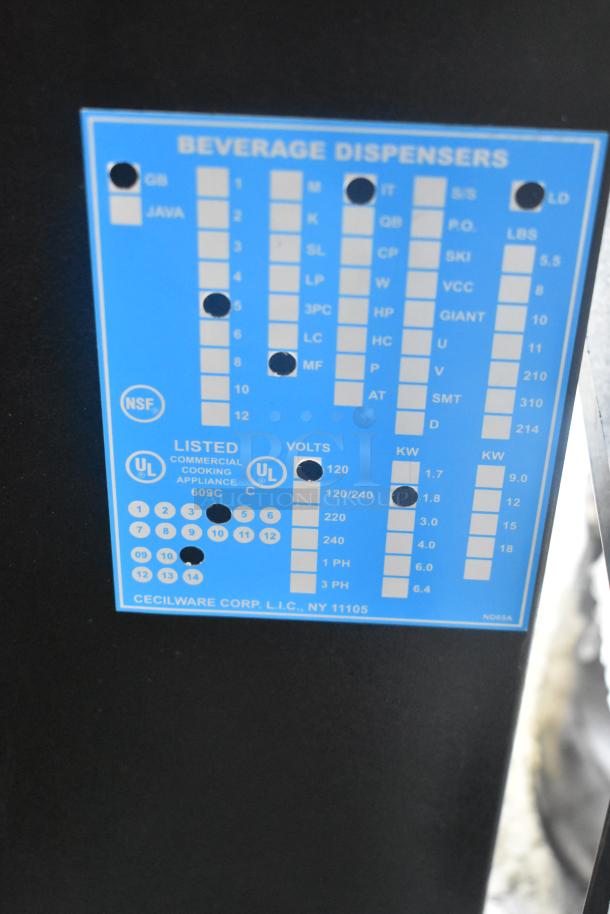 Cecilware GB5MFITLD commercial beverage dispenser, metal, 120 volts, 1 phase, UL listed, voltage and settings panel shown.