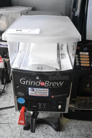Grindmaster Grind'n Brew-10H Grind N Brew Stainless Steel Commercial Countertop Coffee Bean Grinder and Coffee Maker w/ Hot Water Dispenser and Metal Brew Basket. 120 Volts, 1 Phase. - Item #1203679
