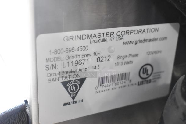 Grindmaster Grind'n Brew-10H coffee maker label, showing model details, serial number L119671, and UL certification.