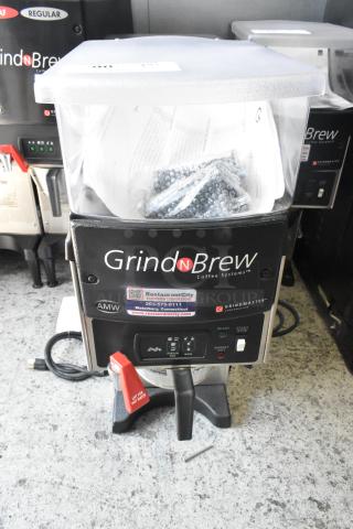 Grindmaster Grind'n Brew-10H Grind N Brew Stainless Steel Commercial Countertop Coffee Bean Grinder and Coffee Maker w/ Hot Water Dispenser and Metal Brew Basket. 120 Volts, 1 Phase. - Item #1203680