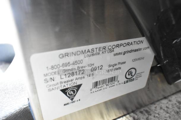 Grindmaster Grind'n Brew-10H label, showing serial number L128172, 120V, 1810W, single phase, UL listed.