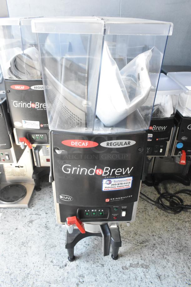 Brand new Grindmaster RGNB-20H stainless steel coffee machine with hot water dispenser, metal brew basket, 120V, 1 phase.
