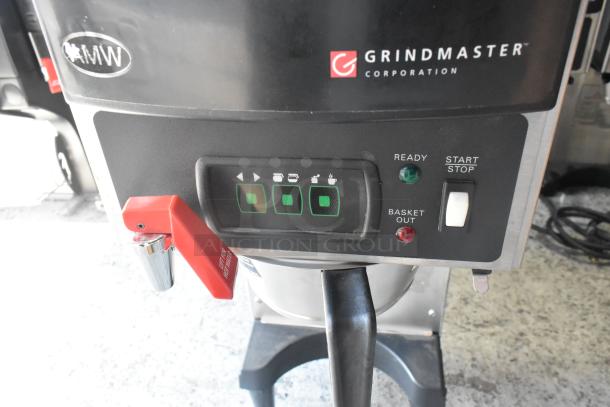 Stainless steel Grindmaster RGNB-20H coffee machine with control panel and hot water dispenser, brand new but scratch and dent.