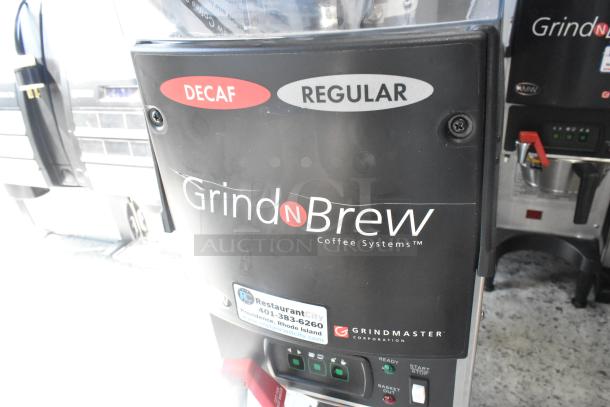 Brand new Grindmaster RGNB-20H stainless steel commercial coffee machine with hot water dispenser, decaf/regular options.