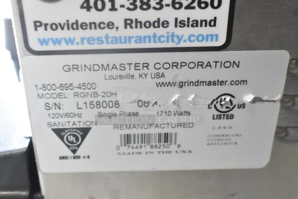 Label for Grindmaster RGNB-20H coffee machine, showing specifications: 120V, single phase, 1710 watts, remanufactured.