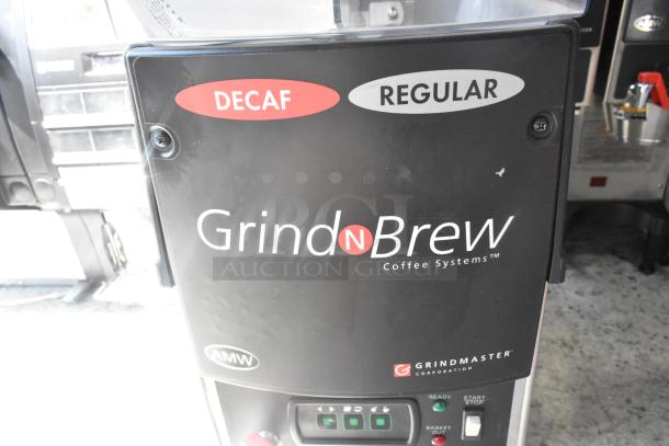 BRAND NEW Grindmaster GNB-21H stainless steel coffee machine with hot water dispenser, metal brew basket, and options for decaf and regular. 120V.
