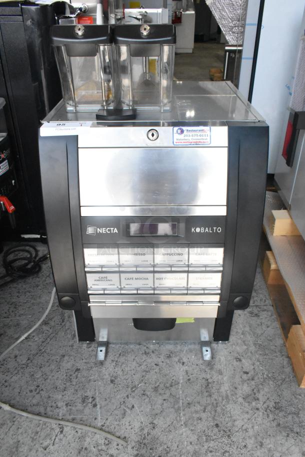 Necta Kolbalto metal commercial espresso machine, stainless steel, 208/250V, 1 phase, buttons for various drinks, countertop model.