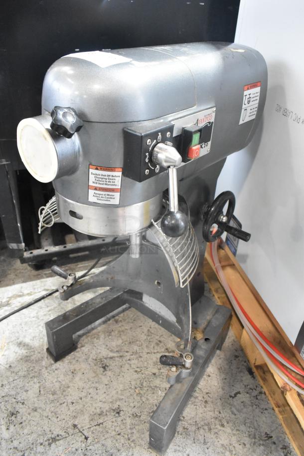 Avantco MX20 metal commercial 20-quart planetary dough mixer with bowl guard, 120 volts, 1 phase, in used condition.