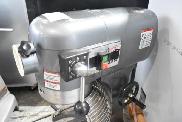 Avantco MX20 20 Quart Planetary Dough Mixer, metal body, bowl guard, 120V, 1 phase, used in commercial kitchens.