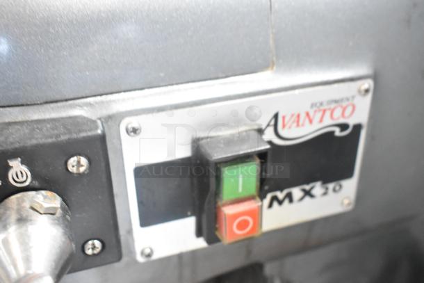 Avantco MX20 commercial dough mixer control panel with brand label; 20-quart capacity, 120V, 1-phase.