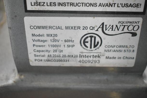 Avantco MX20 20 Quart Planetary Dough Mixer label, showing 120V, 1.5HP, NSF/ANSI conformity, and Intertek certification.
