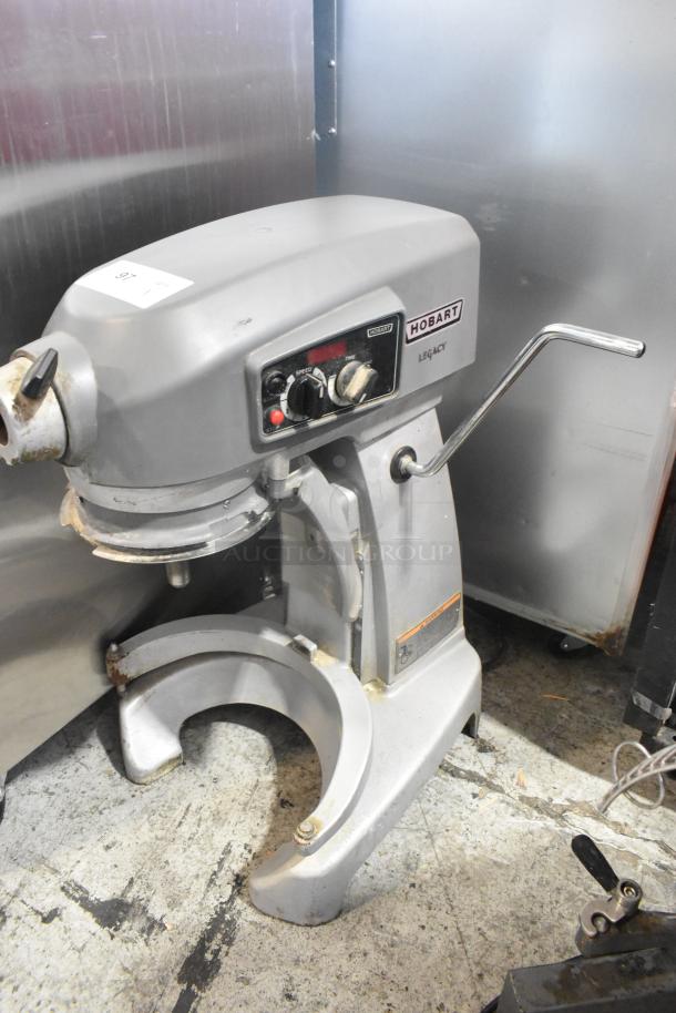 2017 Hobart Legacy HL200 20 Quart Commercial Dough Mixer in metal, 100-120V, 1 Phase, with control panel visible.