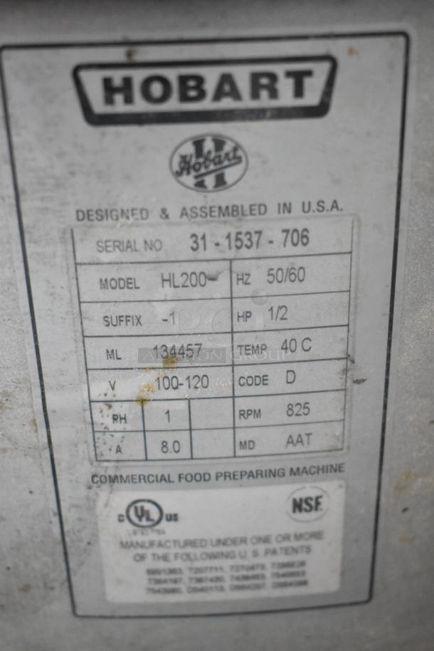 2017 Hobart Legacy HL200 20 Quart Dough Mixer label. Model HL200, 100-120V, 1 Phase. Serial 31-1537-706.