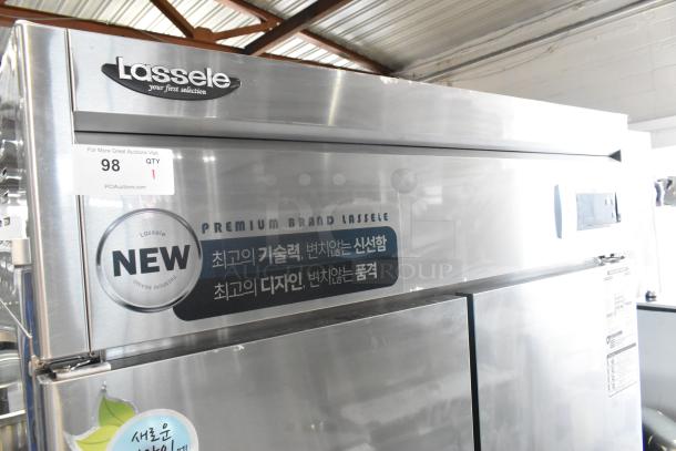 2023 Lassele LS-1045F stainless steel commercial freezer, 4 half doors, poly-coated racks, on casters. Power cord cut.