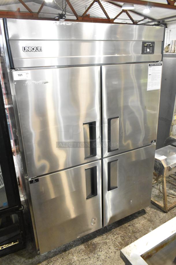 Unique stainless steel commercial 4 half-size door reach-in cooler and freezer on casters, 115 volts, 1 phase.